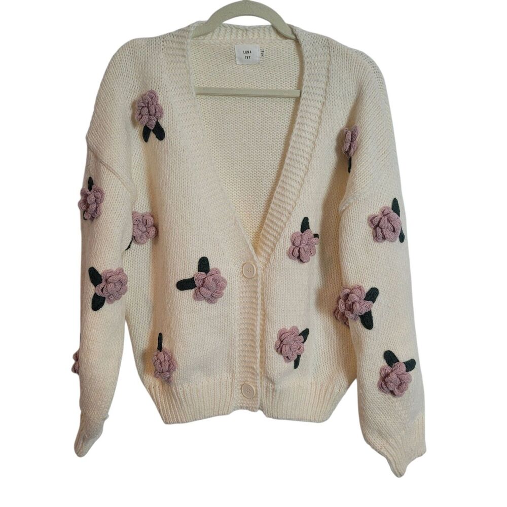 Luna Ivy 3D Knit Flower Cardigan Sweater Women's Medium Cream Pink Floral Boho